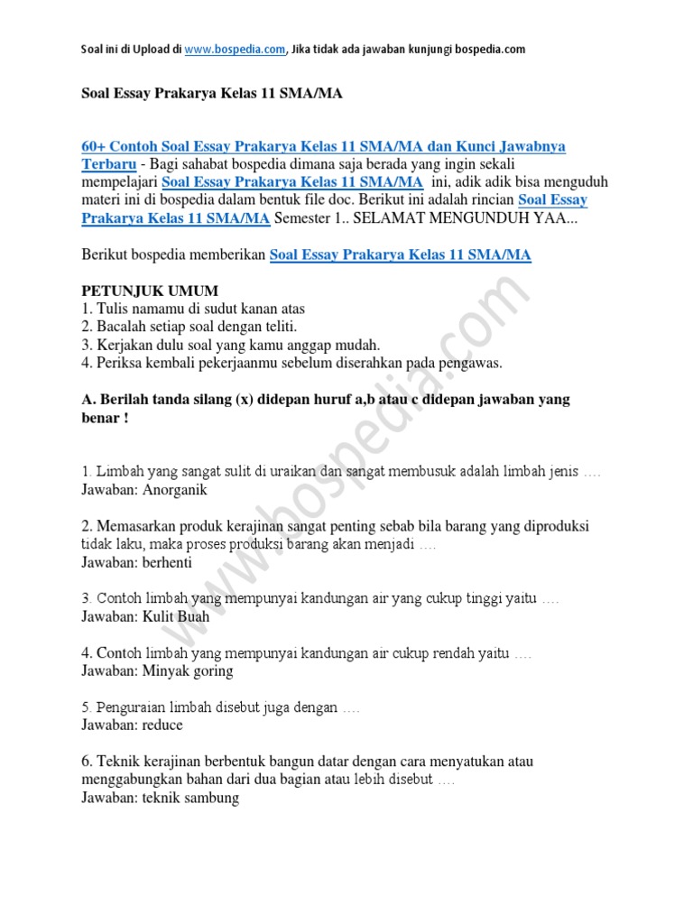 60 Contoh Soal Essay Prakarya Kelas 11 Sma Ma Dan Kunci Jawabnya Pdf