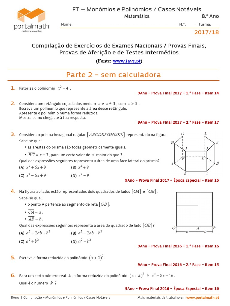 Exercícios sobre Monômios e Polinômios | PDF | Geometria Elementar ...