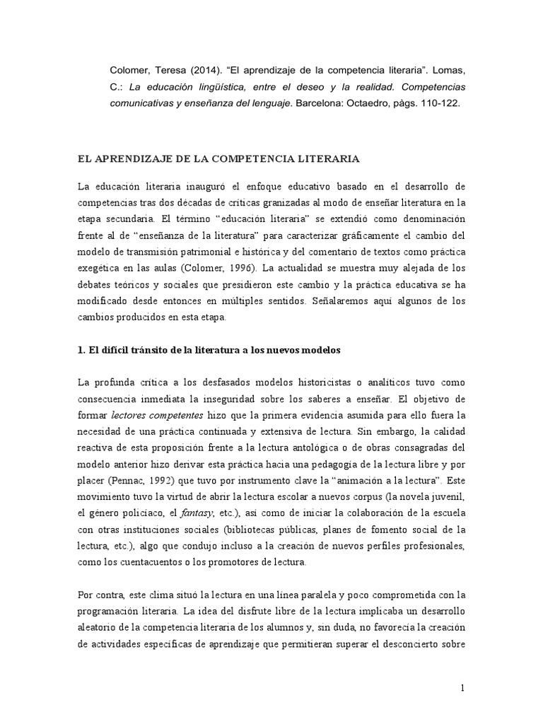 El Aprendizaje de La Competencia Literar PDF | PDF | Plan de estudios ...