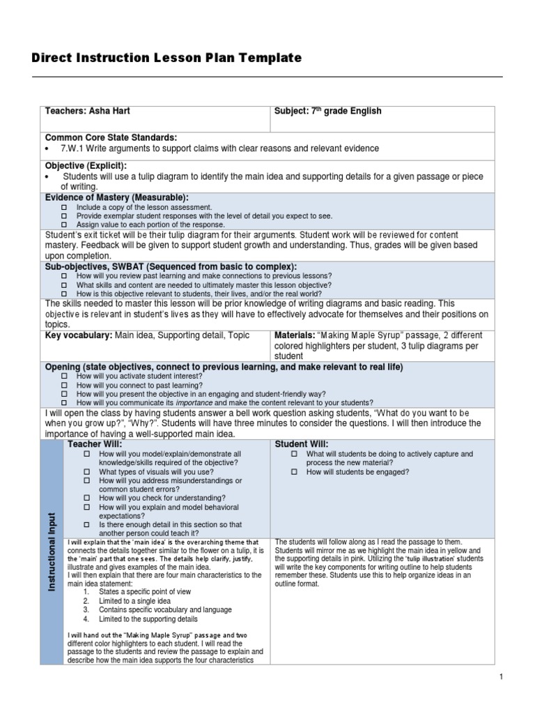 Direct Instruction Lesson Plan Template | PDF | Educational Assessment ...