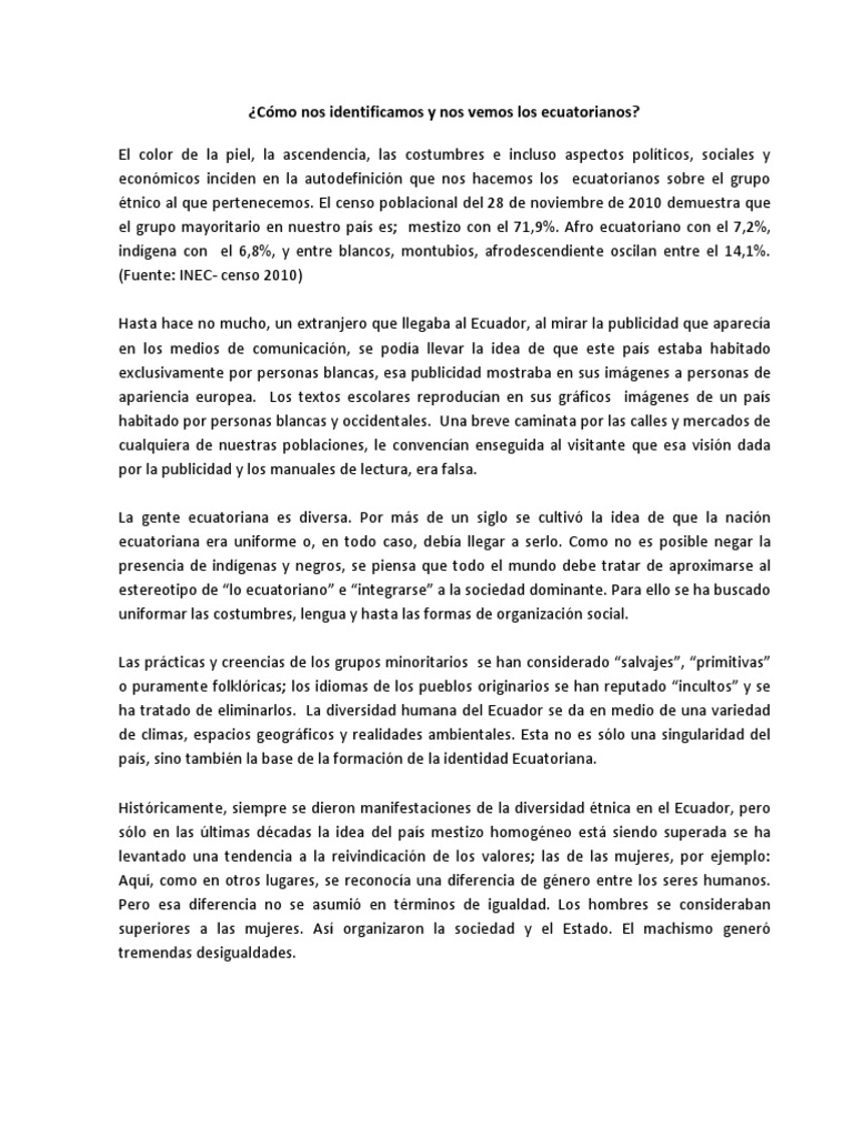 Cómo Nos Identificamos y Nos Vemos Los Ecuatorianos PDF Ecuador