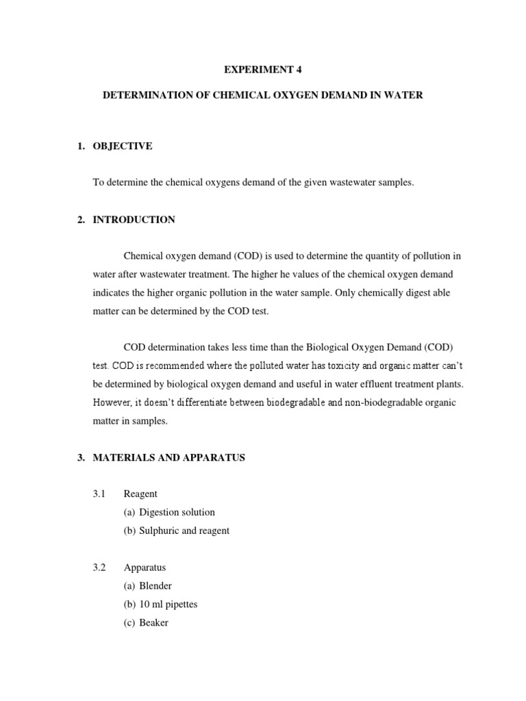 Determination of Chemical Oxygen Demand in Water | PDF | Sewage ...