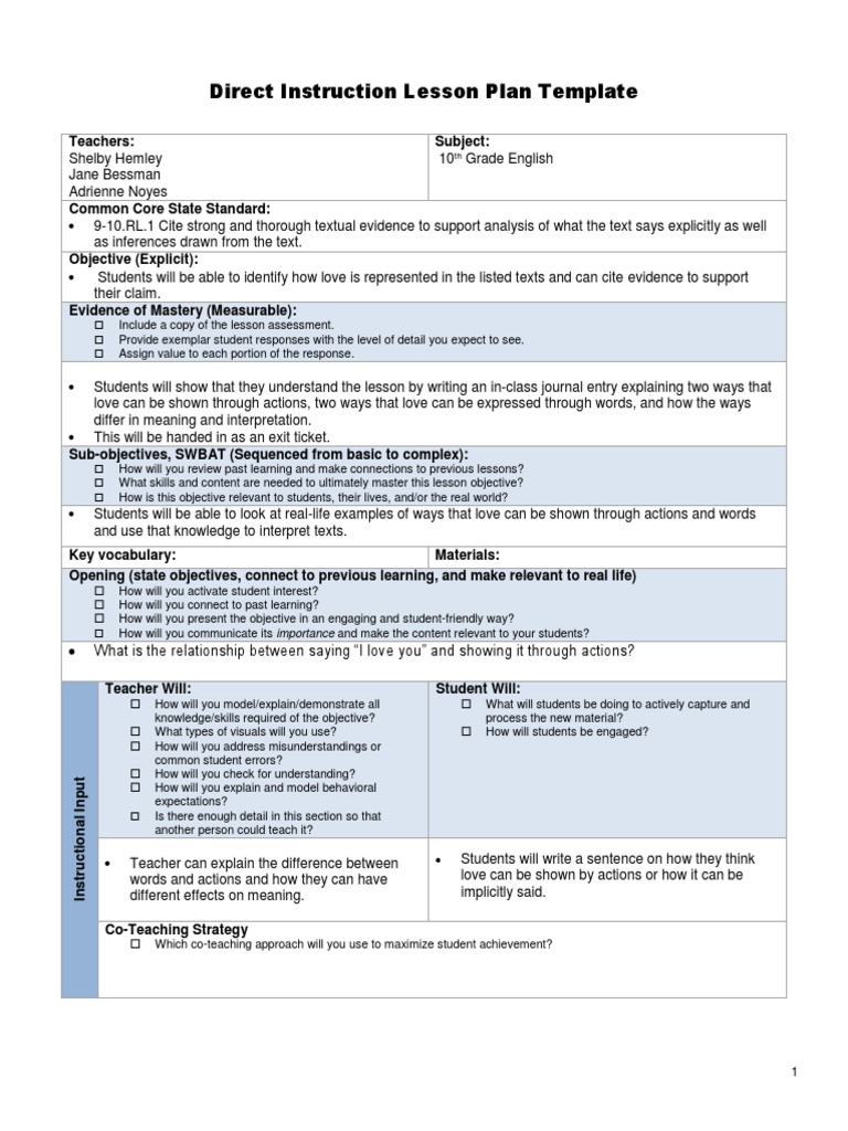Direct Instruction Lesson Plan Template PDF Lesson Plan Teachers