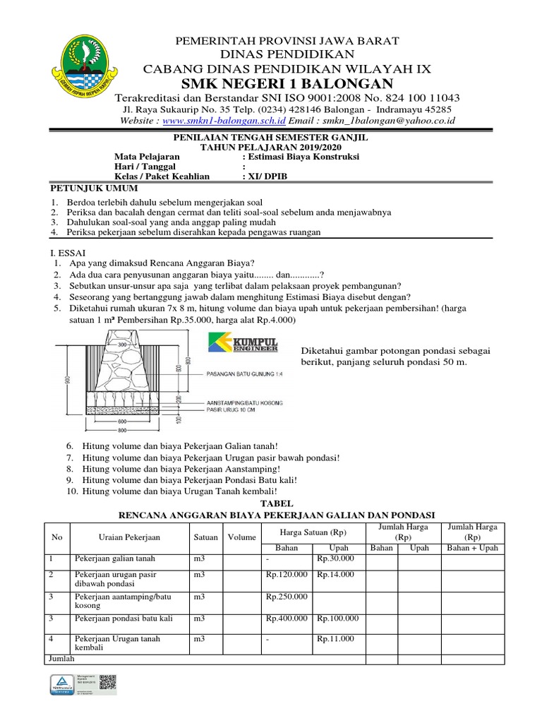 Soal Pts Xi Dpib Estimasi Biaya Konstruksi