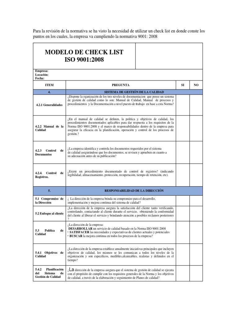 ISO 9001 Check List | PDF | Sistema de manejo de calidad | Calidad ...
