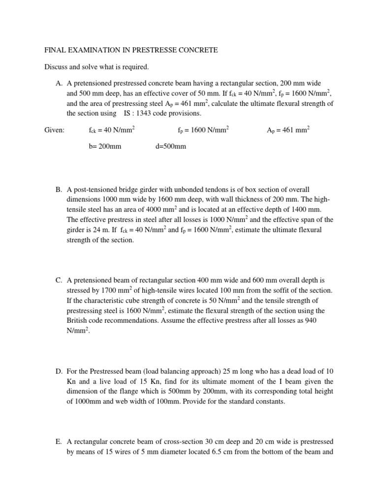 Prestressed Concrete Exam Solutions | PDF | Prestressed Concrete | Beam ...