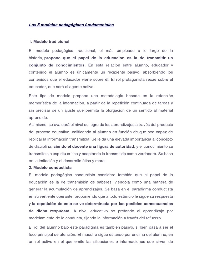 Los 5 Modelos Pedagógicos Fundamentales | PDF | Aprendizaje | Maestros