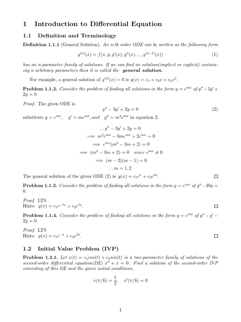 1 Introduction To Differential Equation 1.1 Definition and Terminology