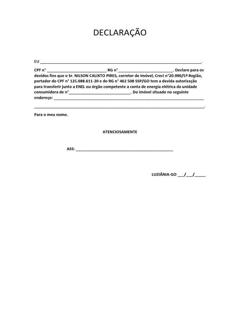 Declaração De Energia Eletrica Pdf