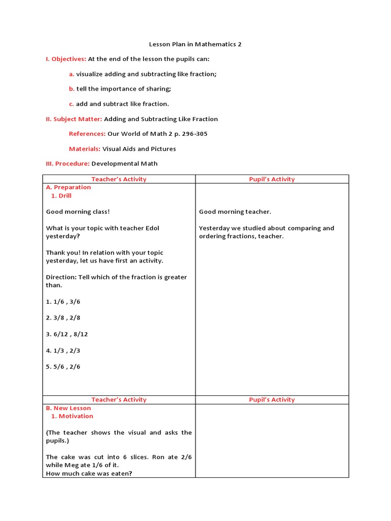 Adding and Subtracting Like Fractions Lesson | PDF | Fraction ...
