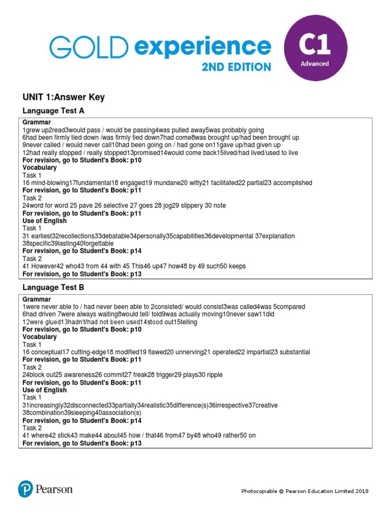 Gold Experience C1 Answer Key
