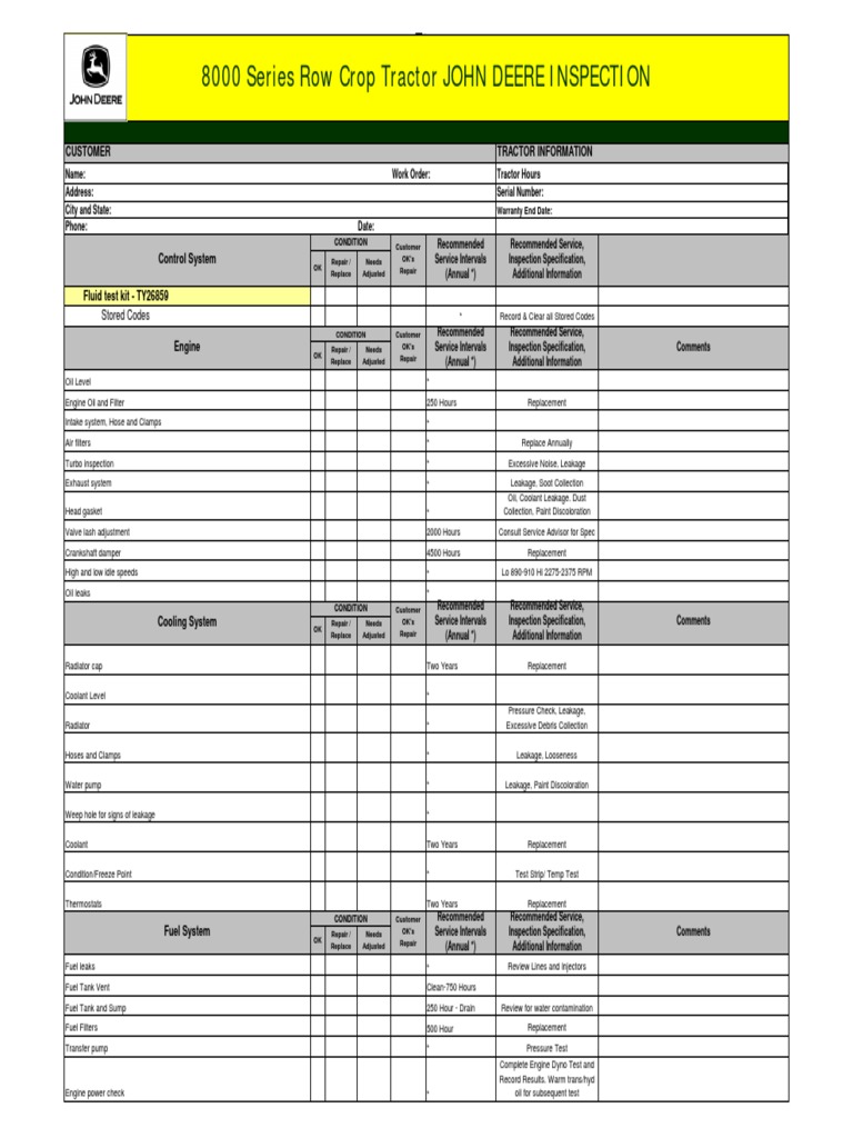 John Deere Row Crop Tractor Inspection 8000 Series | PDF | Steering ...