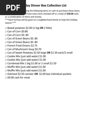 holiday dinner box collection list for box 2017