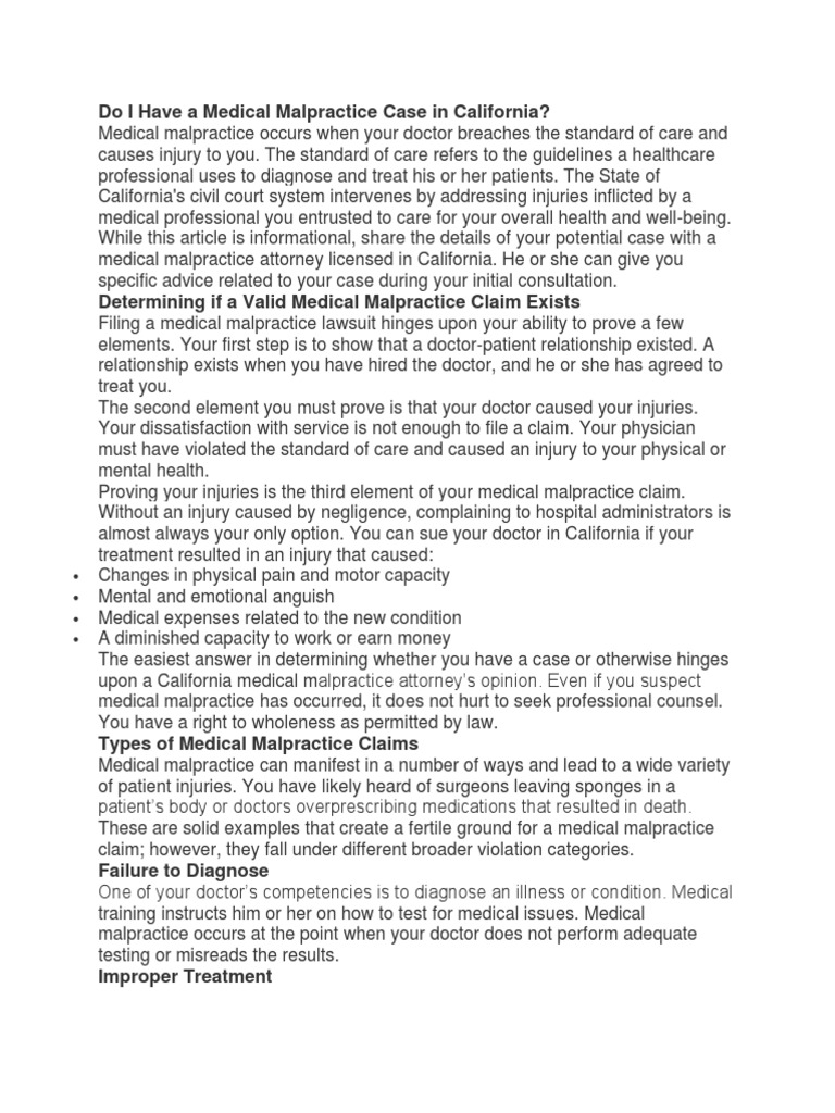 Do I Have A Medical Malpractice Case in California? PDF Standard Of