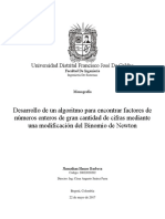 Algoritmo para Hallar Factores de Números Enteros de Gran Cantidad de Cifras Mediante Una Modificación Del Binomio de Newton