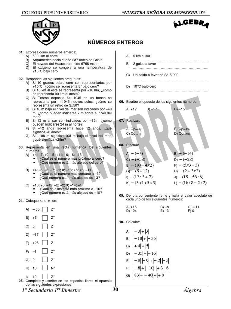 Ejercicios de Álgebra: Números Enteros | PDF | Entero | Enseñanza de ...