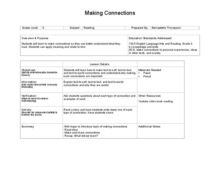 Making Connections Grade Level 3 Subject Reading Prepared By