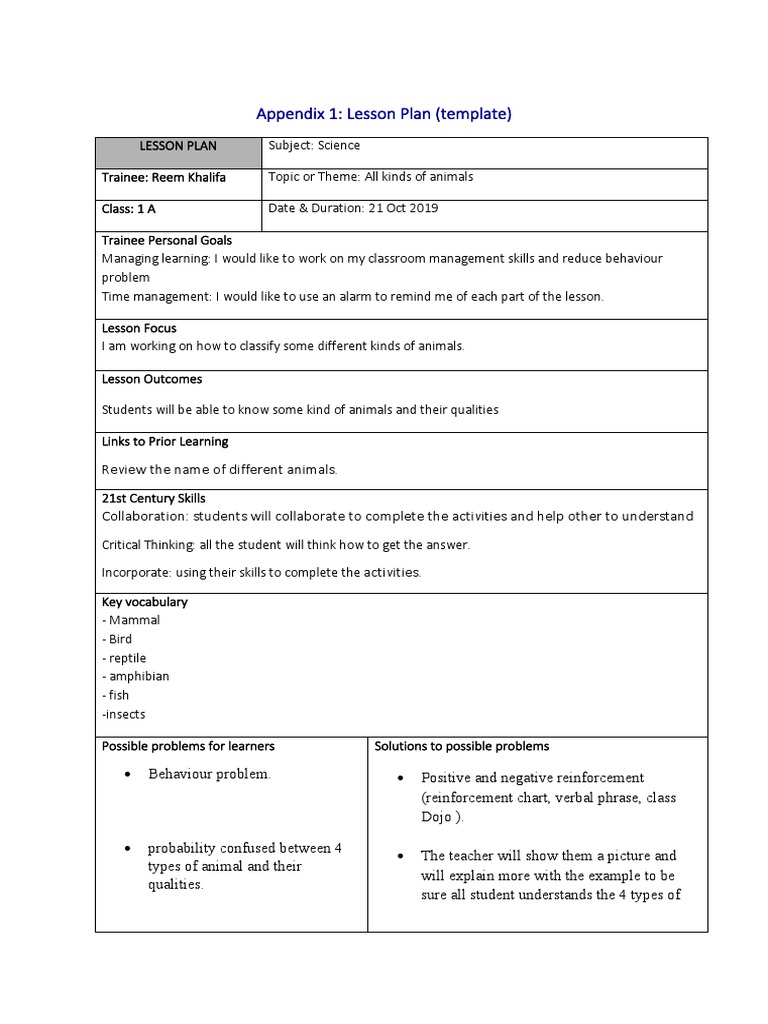 Appendix 1: Lesson Plan (Template) | PDF | Lesson Plan | Learning