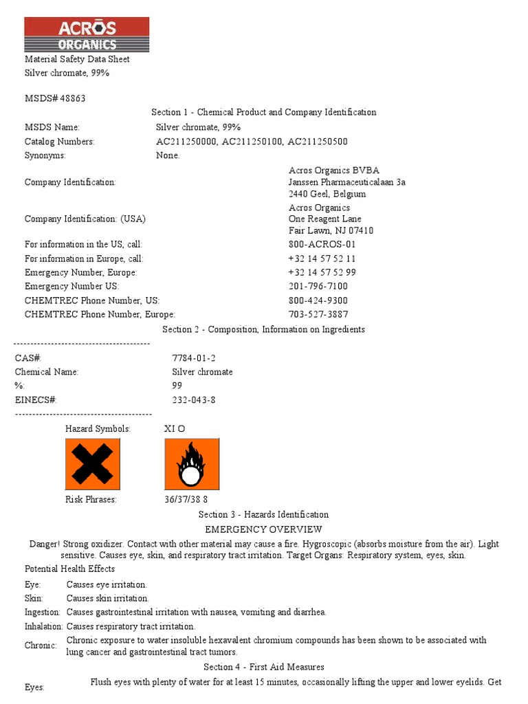 MSDS Silver Chromate PDF Dangerous Goods Chromium