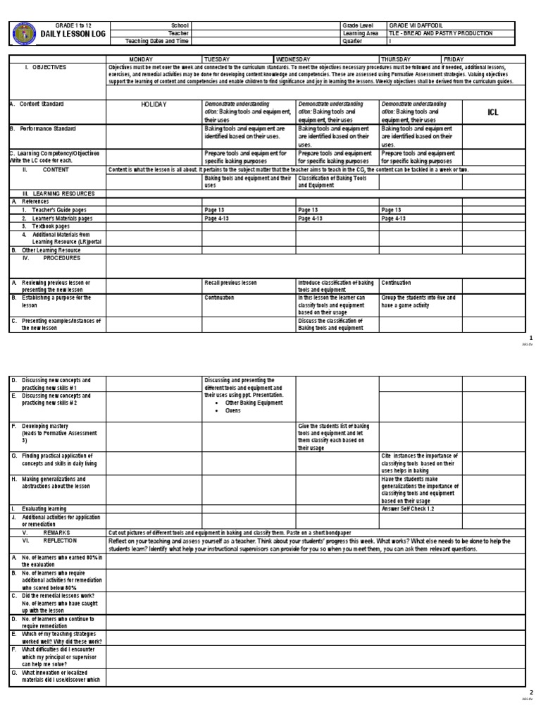 DLL TLE G7 Bread and Pastry Lesson 1 LO1 PDF Teachers Teaching