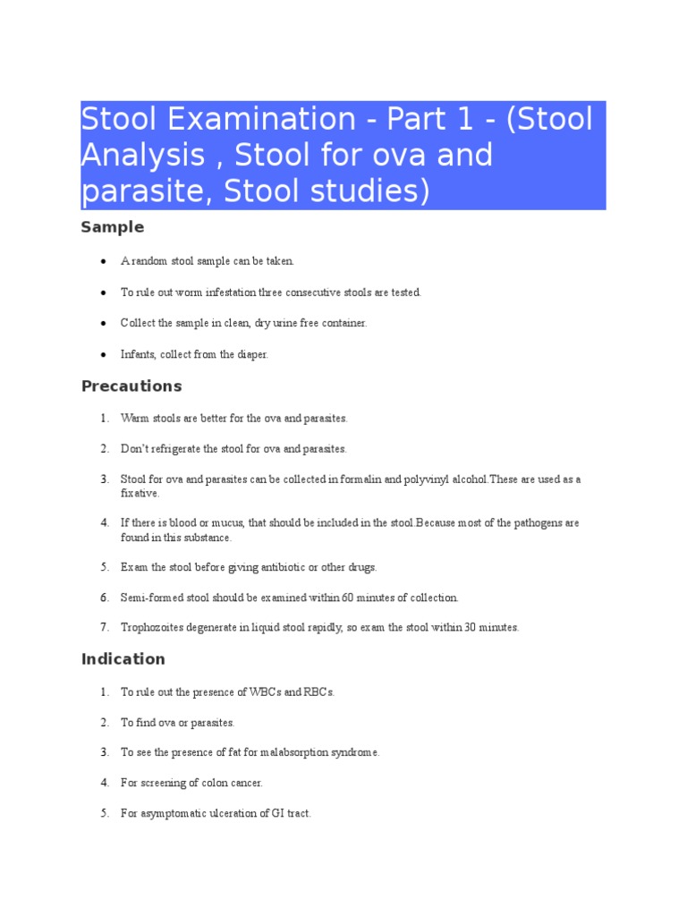 Stool Examination for Parasites and Ova | PDF | Human Feces | Diarrhea