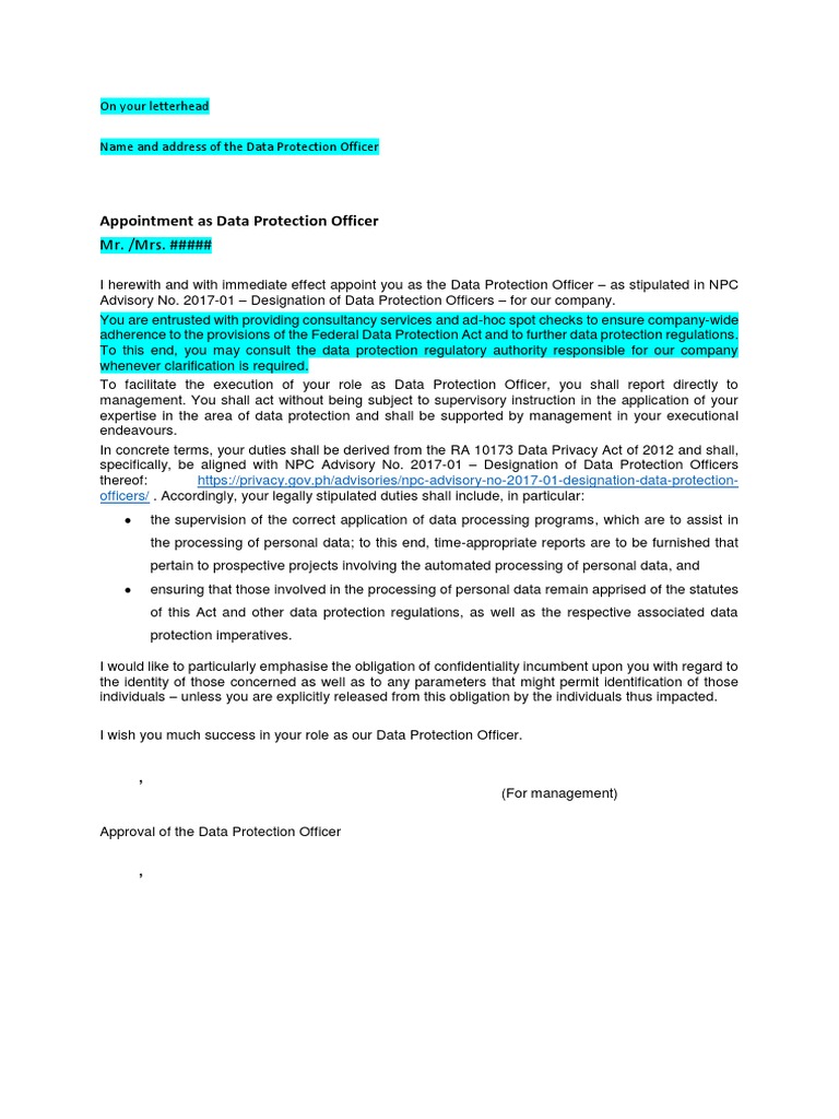 DPO Appointment Letter Template PDF