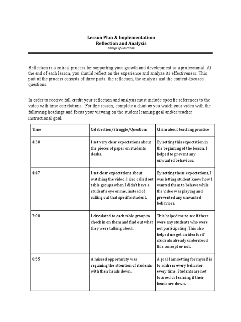 Lesson Plan & Implementation: Reflection and Analysis: College of ...