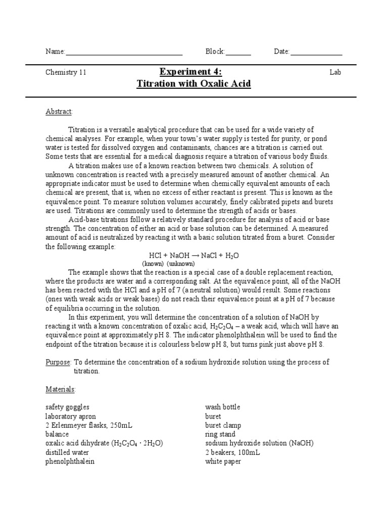 Experiment 4 Titration With Oxalic Acid (Known) (Unknown) PDF