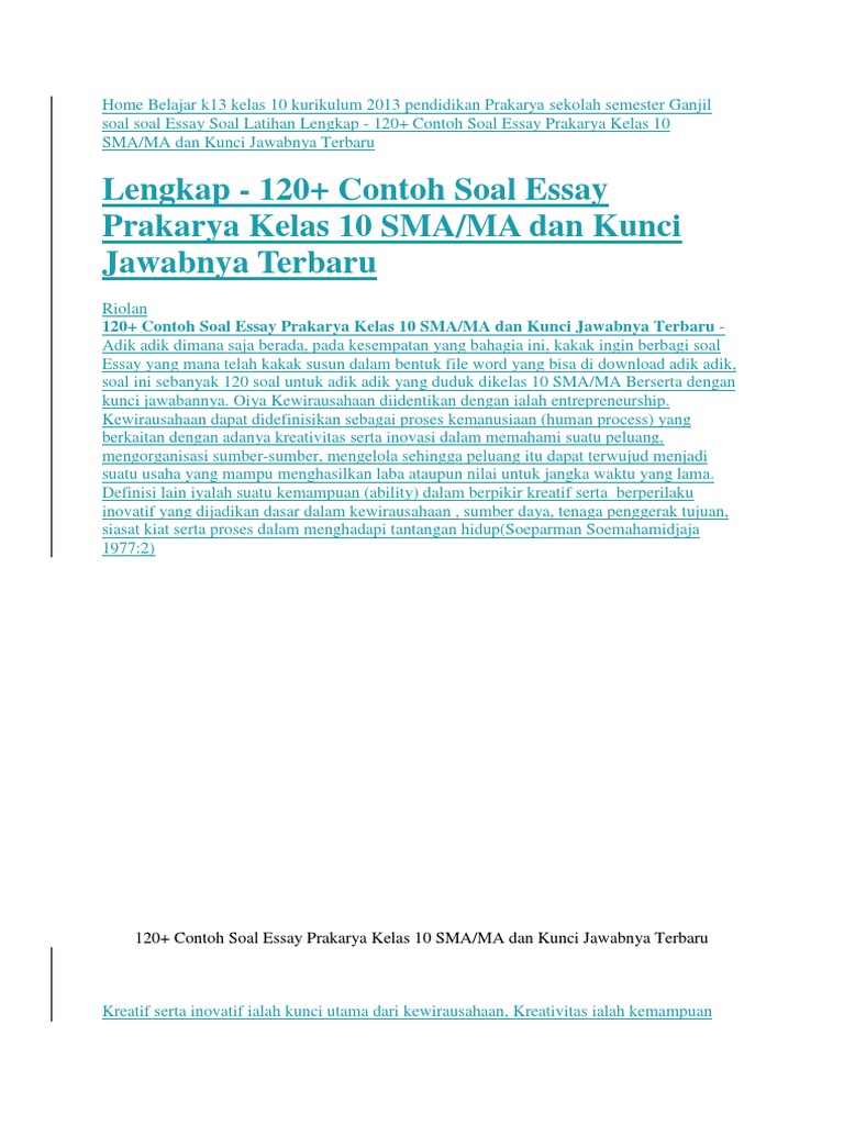 Home Belajar K13 Kelas 10 Kurikulum 2013 Pendidikan Prakarya Sekolah Semester Ganjil Soal Soal Essay Soal Latihan Lengkap