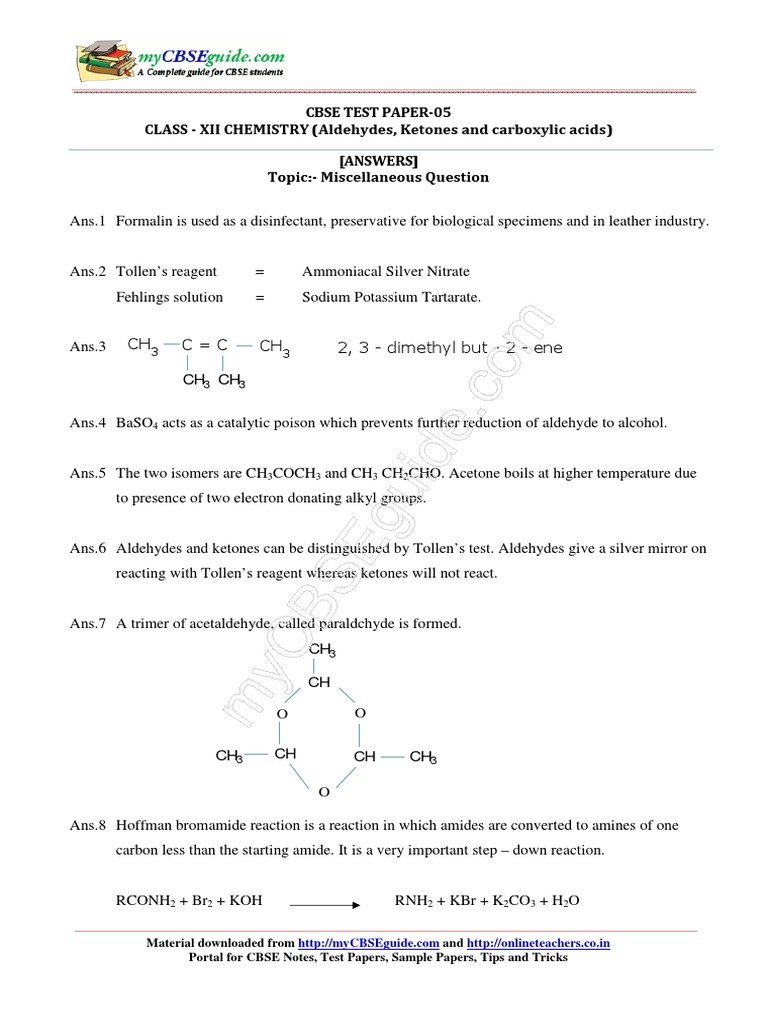 Cbse Test Paper-05 CLASS - XII CHEMISTRY (Aldehydes, Ketones and ...