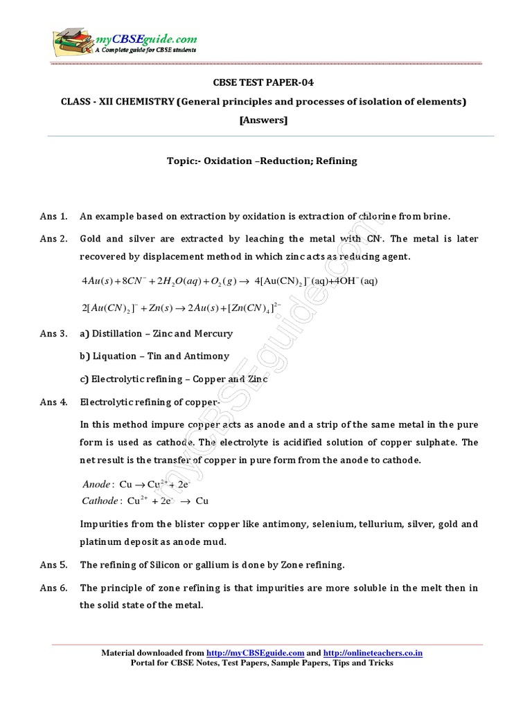 Cbse Test Paper04 CLASS XII CHEMISTRY (General Principles and
