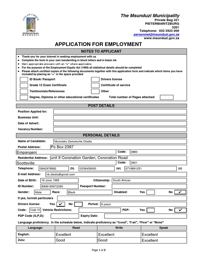 Msunduzi Application Form. PDF Institute Of Technology Employment