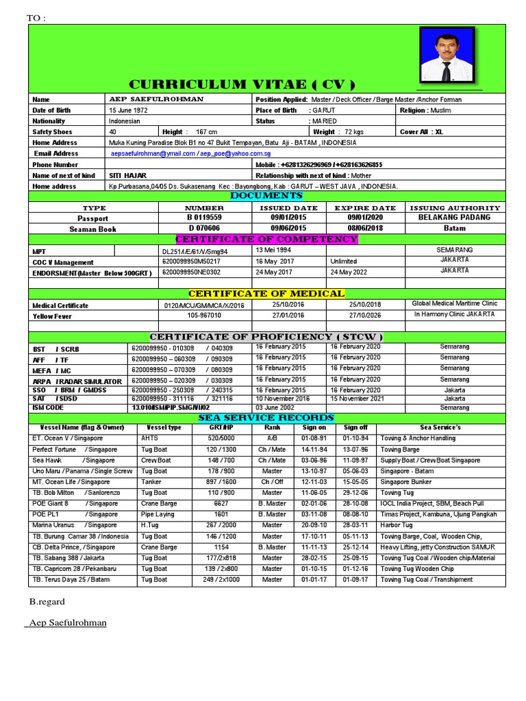 CV Aep Saefulrohman - Maritime Officer | PDF | Watercraft | Ship Types