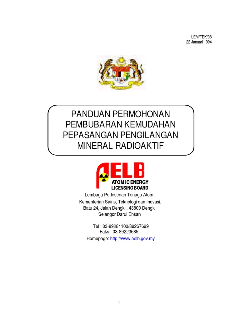 Panduan Permohonan Pembubaran Kemudahan Pepasangan Pengilangan Mineral Radioaktif Pdf