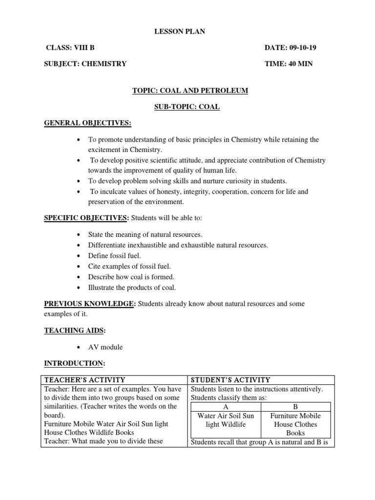 Lesson Plan Class VIII Coal and Petroleum PDF Coal Fuels