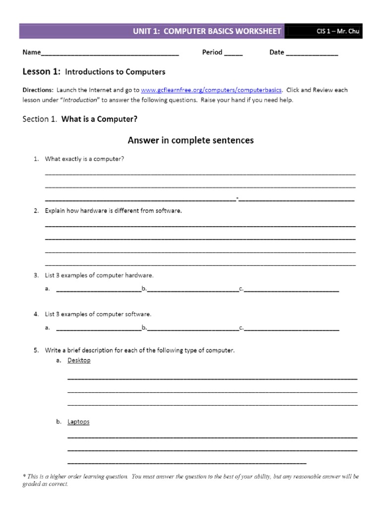 Unit 1 - Computer Basics Worksheet | PDF