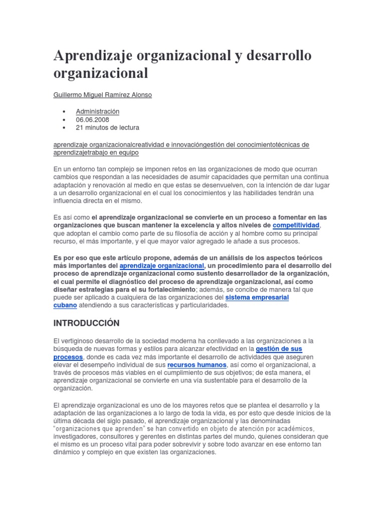 Aprendizaje Organizacional y Desarrollo Organizacional | PDF ...