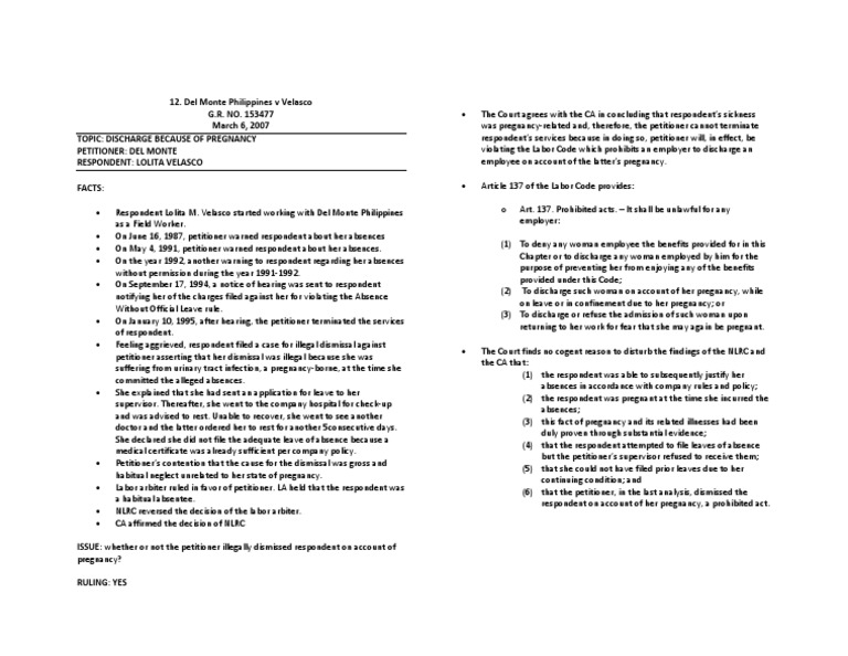 Del Monte Philippines V Velasco PDF Employment Virtue