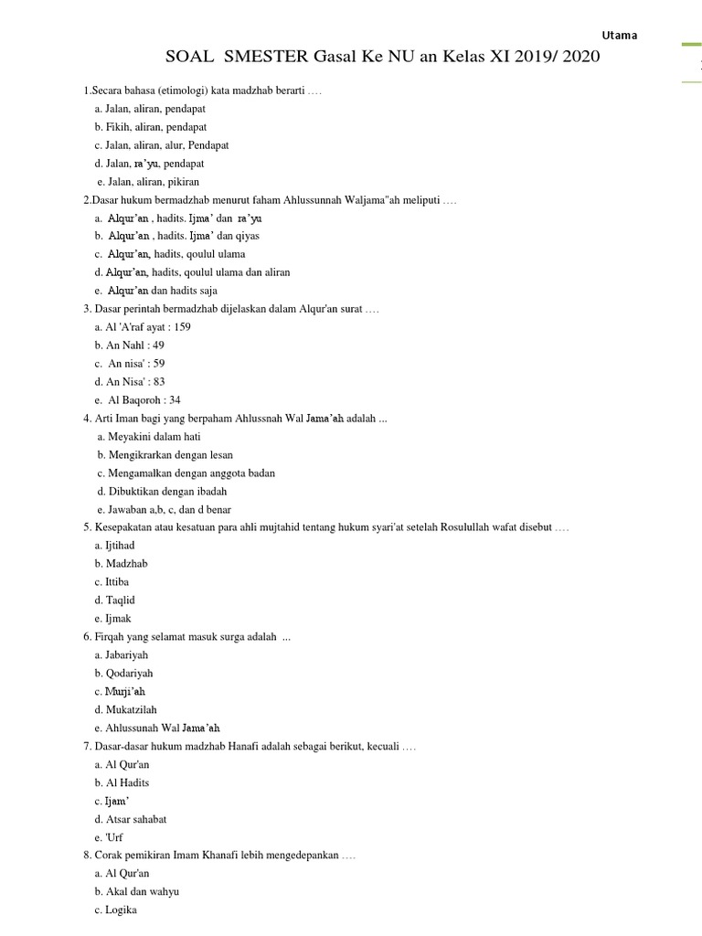 Soal Smt Ke Nu An Gasal Klas Xi 19 20 Utama Docx