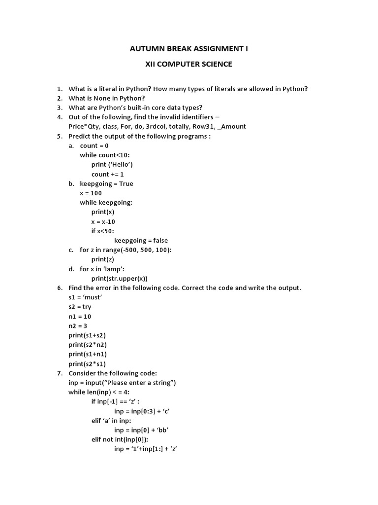 Autumn Break Assignment I | PDF | Subroutine | Parameter (Computer ...