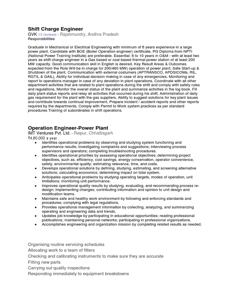 Shift Charge Engineer Rajahmundry, Andhra Pradesh PDF Energy And