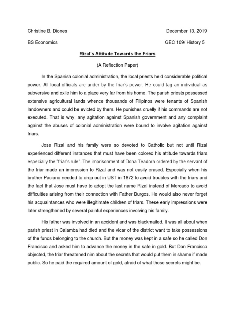 Rizal's Attitude Towards The Friars PDF