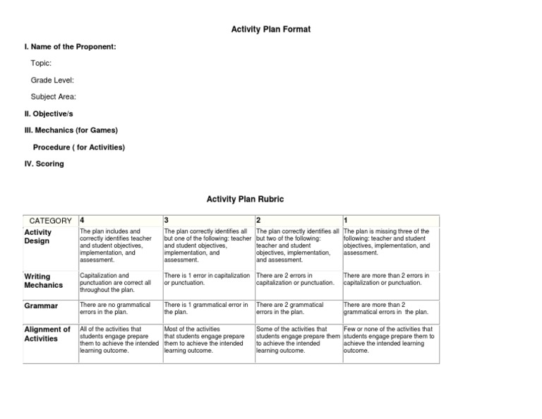 Activity Plan Format Sample | PDF
