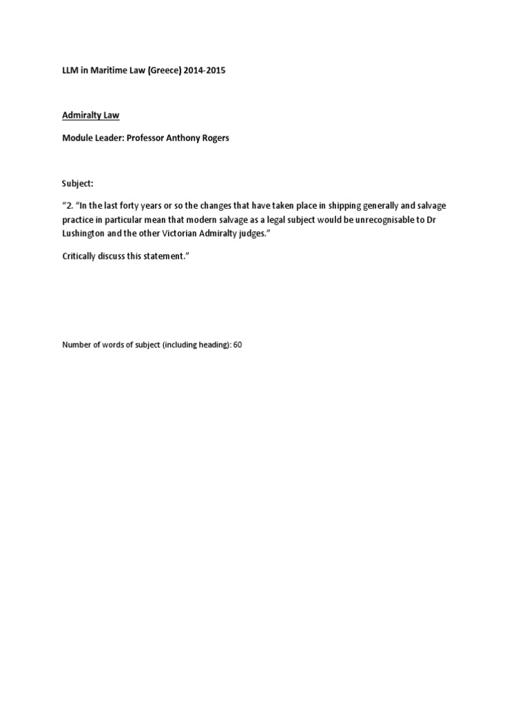 Admiralty Law Essay Subj 2 PDF Marine Salvage Admiralty Law
