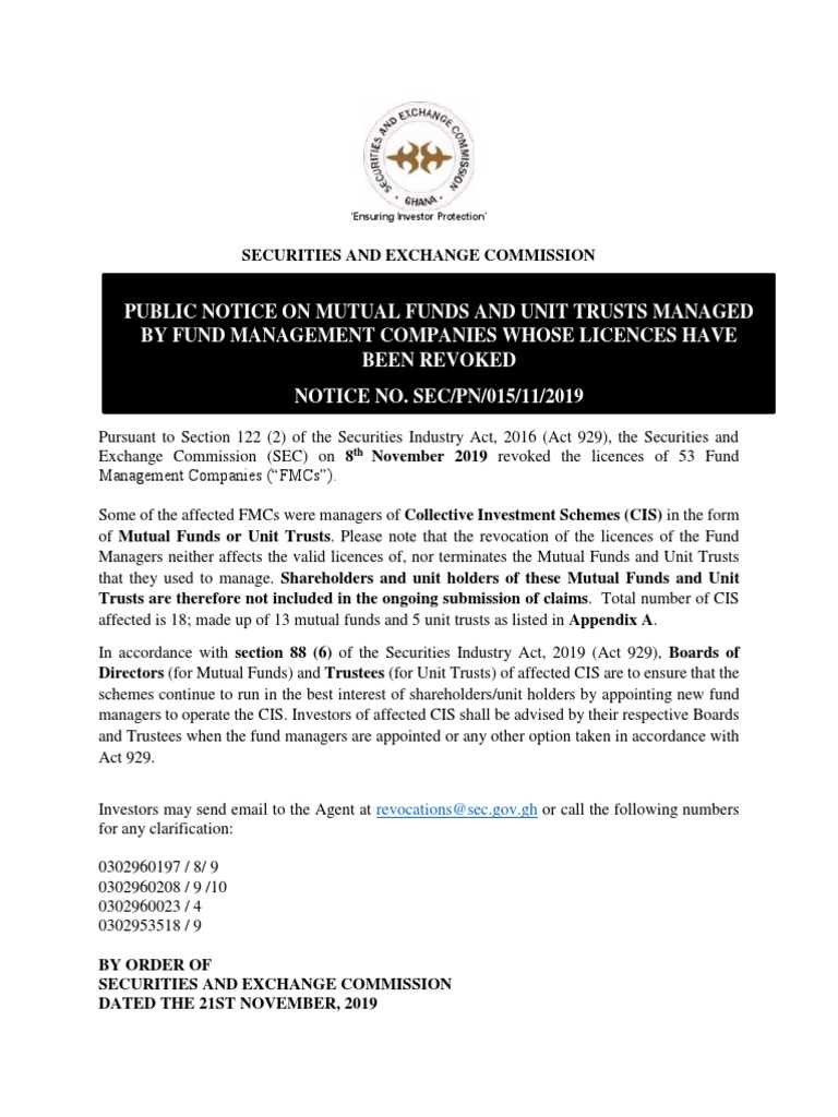 Public Notice on Mutual Funds and Unit Trusts Managed by Fund ...