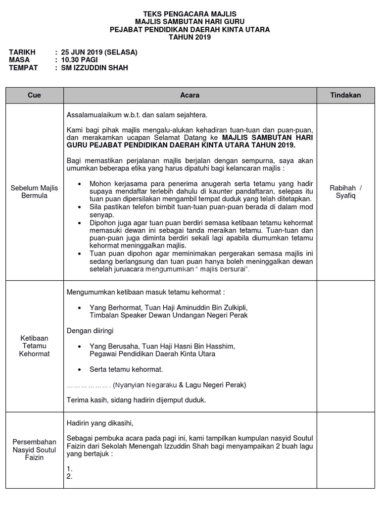 Teks Pengacara Majlis Hari Guru Ppd Ku 2019 Pdf