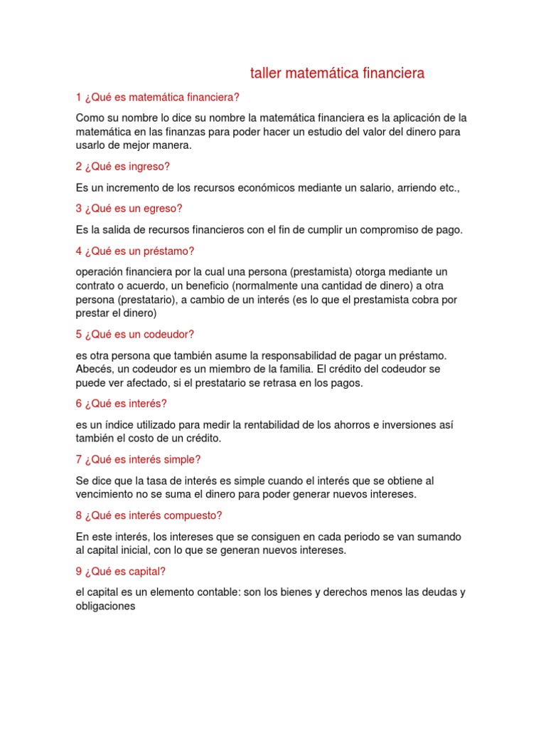 Taller Matemática Financiera | PDF | Interés | Finanzas Matemáticas