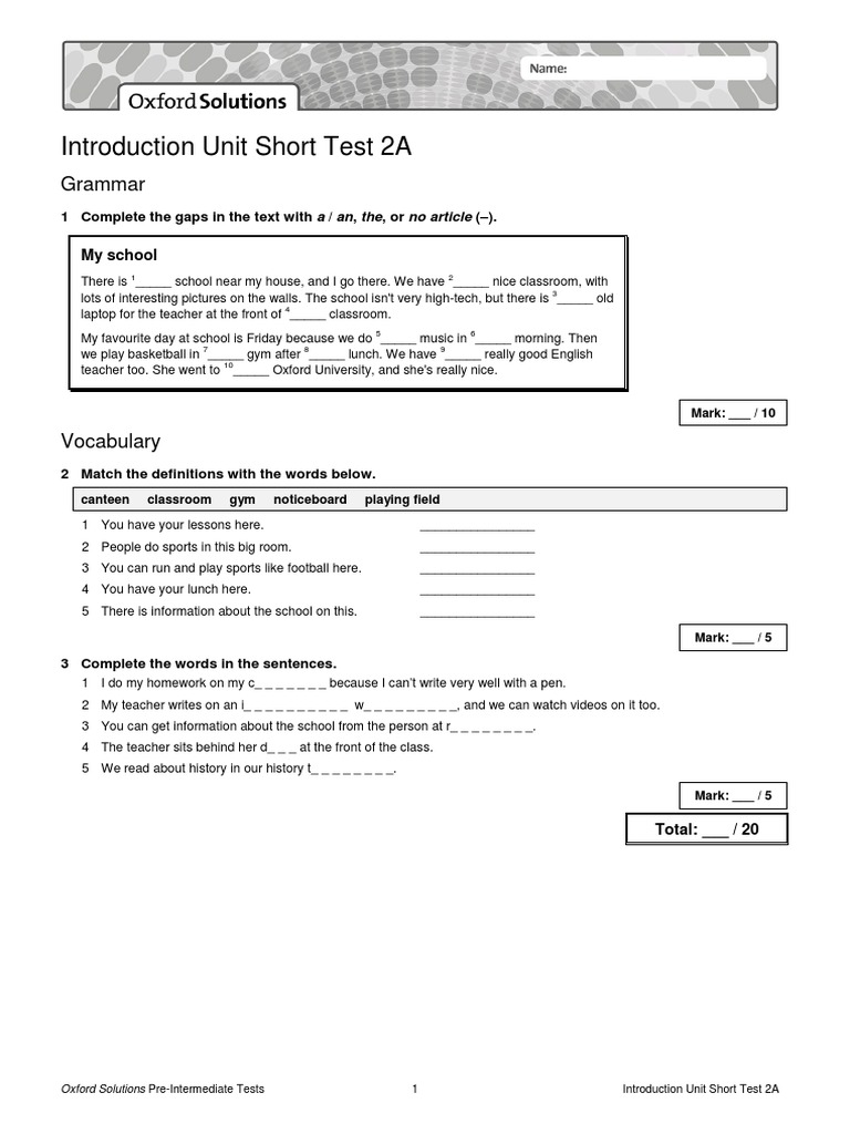 Oxford Solutions Pre Intermediate Test Unit 2