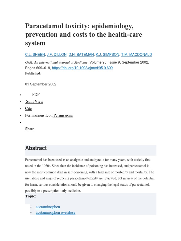 Paracetamol Toxicity Epidemiology, Prevention and Costs To The Health Care System PDF Drug