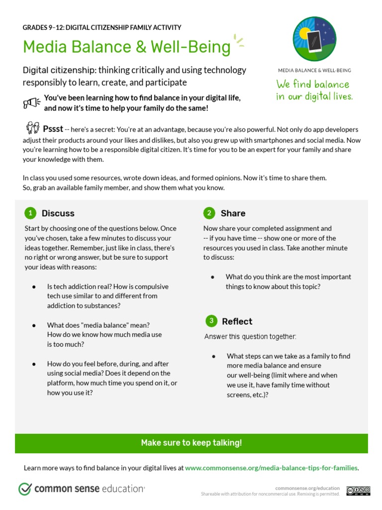 Family Activity Media Balance WellBeing Grades 912 PDF Social